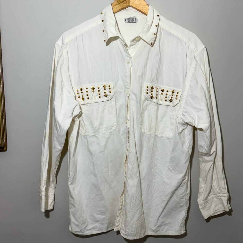 Vtg 90s Studded Western Button Down Shirt White Cotton Oversized Workwear Medium